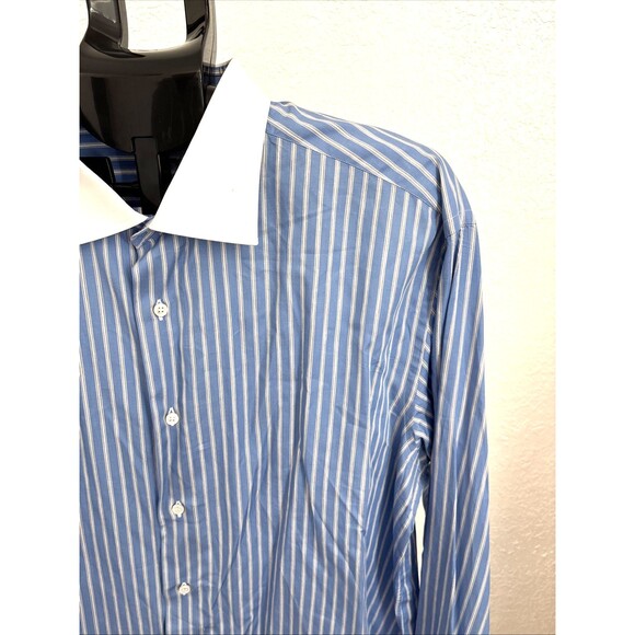 Brioni Men’s 18" Large Blue White Striped Long Sleeve French Cuff Shirt Italy - Picture 6 of 10
